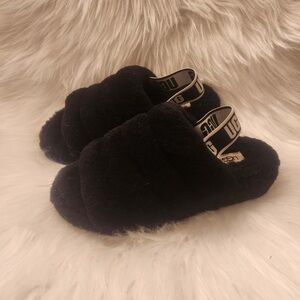UGG Black Fluffy Slides with Logo Strap
